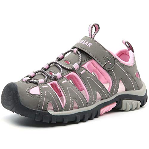 HOBIBEAR Girls Outdoor Closed-Toe Summer Sport Sandals-Grey/Pink