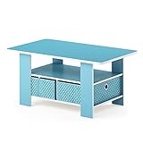 FURINNO Andrey Coffee Table with Bin Drawer, Light Blue/Light Blue