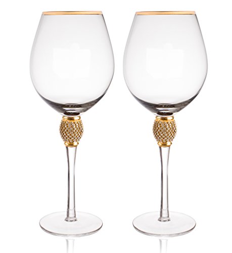 Trinkware Gold Rimmed Wine Glasses Set of 2 - Rhinestone Champagne...