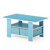 FURINNO Andrey Coffee Table with Bin Drawer, Light Blue/Light Blue