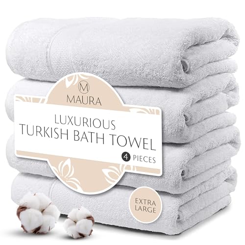 MAURA White Extra Large Turkish Cotton Luxury Bath Towels Set of 4....