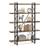 LITTLE TREE 5 Tier Bookcase, Solid Wood 5-Shelf Industrial Style...