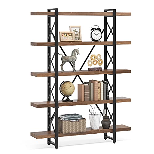 5 Tier Bookcase, LITTLE TREE Solid Wood 5-Shelf Industrial Style...