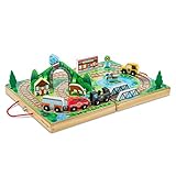 Melissa & Doug 17-Piece Wooden Take-Along Tabletop Railroad, 3 Trains,...