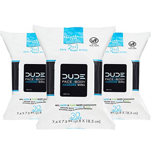 DUDE Face & Body Wipes (3 Packs, 30 Wipes Each) Unscented for...