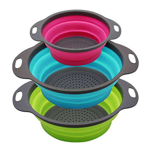 Qimh Collapsible Colander Set of 3 Round Silicone Kitchen Strainer Set...