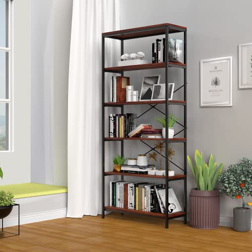 6 Tier Industrial Bookshelf, Open Shelving Bookcase, Black Metal and...