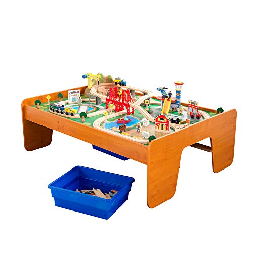KidKraft Ride Around Town Wooden Train Set and Table with Helicopter,...