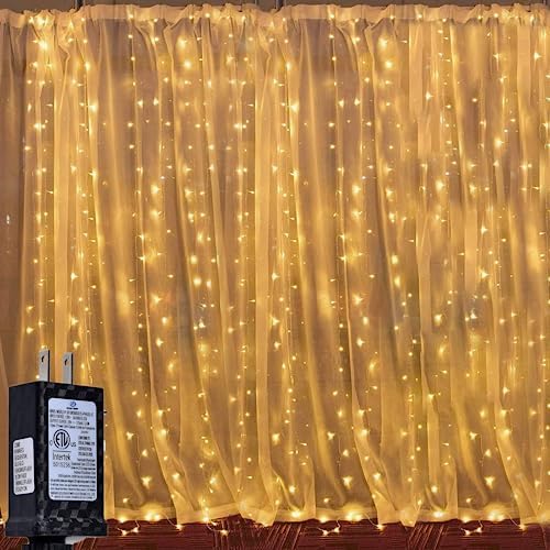 LED Curtain Lights, 8 Modes Warm White Window String Lights Wall...