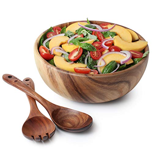 AVAMI Acacia Wood Salad Bowl with Servers Set - Large 9.4 inches Solid...