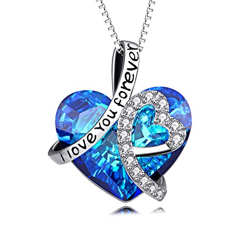 AOBOCO I Love You Forever Necklace 925 Sterling Silver Blue Heart...