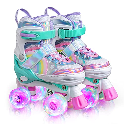 SULIFEEL Rainbow Unicorn 4 Size Adjustable Light up Roller Skates for...