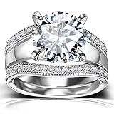 Platinum Plated Bridal Set - Round Cut Cubic Zirconia Rings Women...