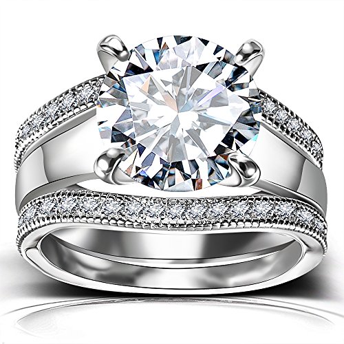 Platinum Plated Bridal Set - Round Cut Cubic Zirconia Rings Women...